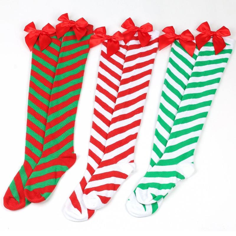 Striped Stockings For Women Over The Knee Long Socks Christmas Green Red Bowknot Long Socks Female Leg Stocking