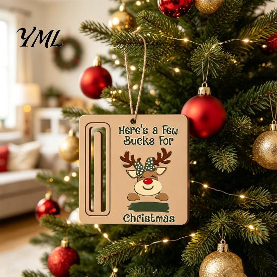 Personalized Cash Gift Tags Rustic Santa Reindeer Money Holder Ornament, Wooden Card Christmas Tree Wood Decorations Clip with Slot, Hanging