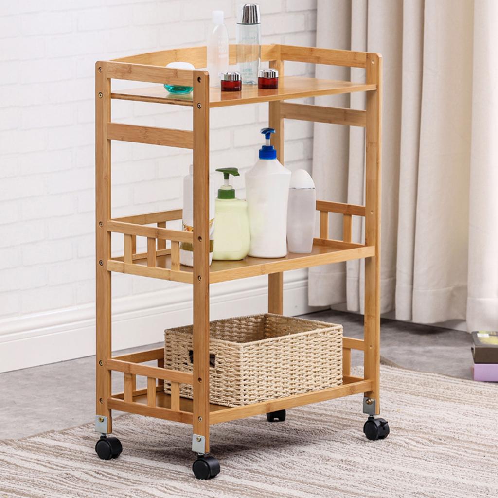 3-Tier 80cm Height Bamboo Kitchen Serving Cart with Wheels - Rustic Wood Color Rolling Utility Cart for Dining Room, Living Room
