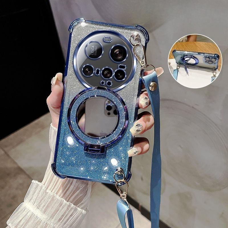 Crossbody Lanyard Shockproof Glitter Plating Magsafe Holder Case For Xiaomi 15 Ultra 14 14T 13 12 Pro Cover