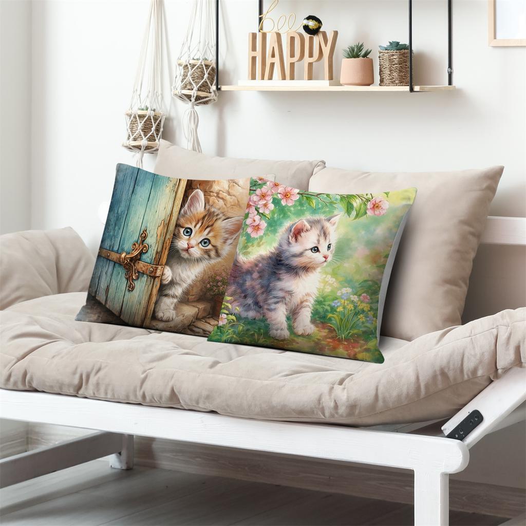 Cute Kitten Pillow Covers Watercolor Garden Double-Sided Printed Throw Pillow Cases Cheerful Pet Lover Home Decor Cushion Covers