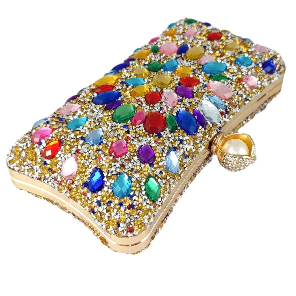 Boutique De FGG Pearl Clasp Colorful Rhinestone Handbags Women Crystal Clutch Evening Bags Wedding Party Dinner Bridal Purse Bag