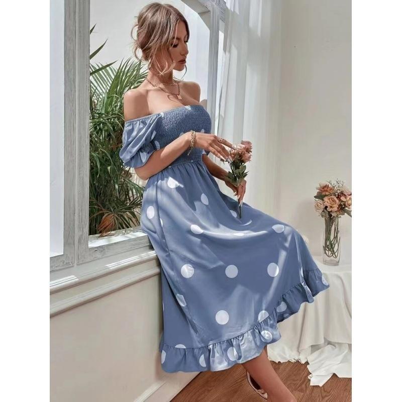 Women's Polka Dot Midi Dress Square Neck Puff Sleeve Fit and Flare Party Dress