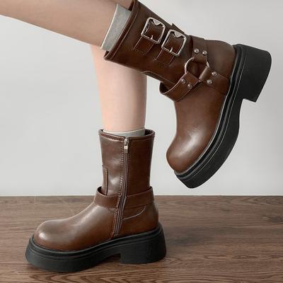 Fashion Temperament Retro Super Fire British Style Thick Heel Short Boots Women's 2025 New Spring and Autumn Versatile Height-increasing Martin Boots