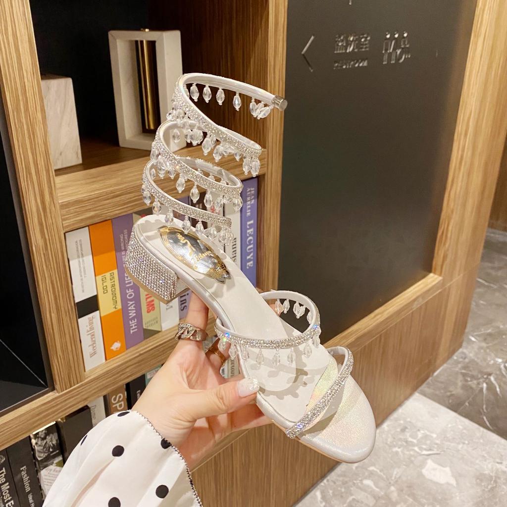 Summer Women's Sandals Luxury Club Square Toe Pendant Rhinestone Snake Pattern White Heel Sandals Wedding Party Shoes