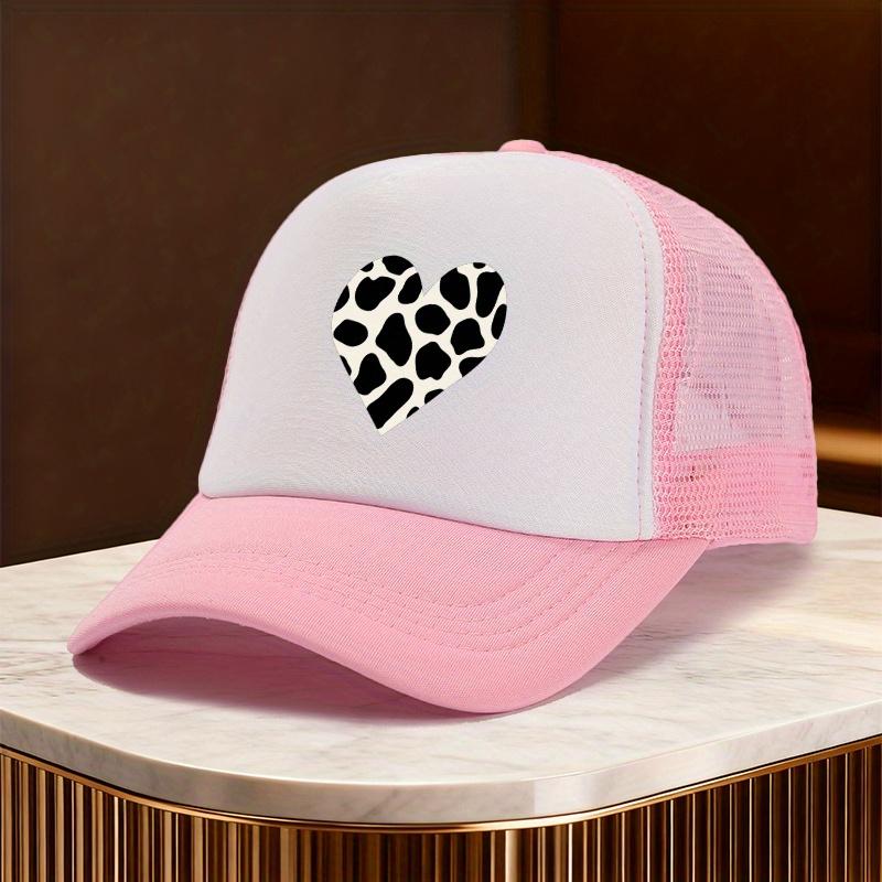 

Cow Print Heart Mesh Trucker Hat Polyester Casual Unisex Snapback Adjustable Cap One Size