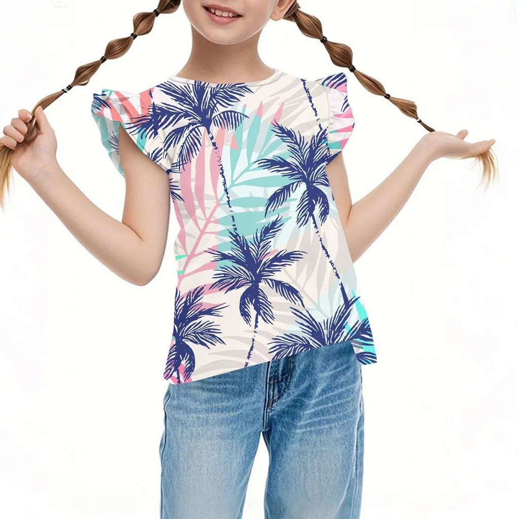 Children's Casual Short-Sleeved Pleated Cute Hawaiian Print Round-Neck Top