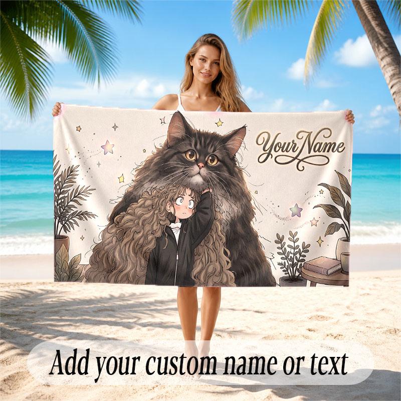Cat Theme Soft Beach Towel Personalized Custom Name Text Towel Portable for Beach Pool Travel