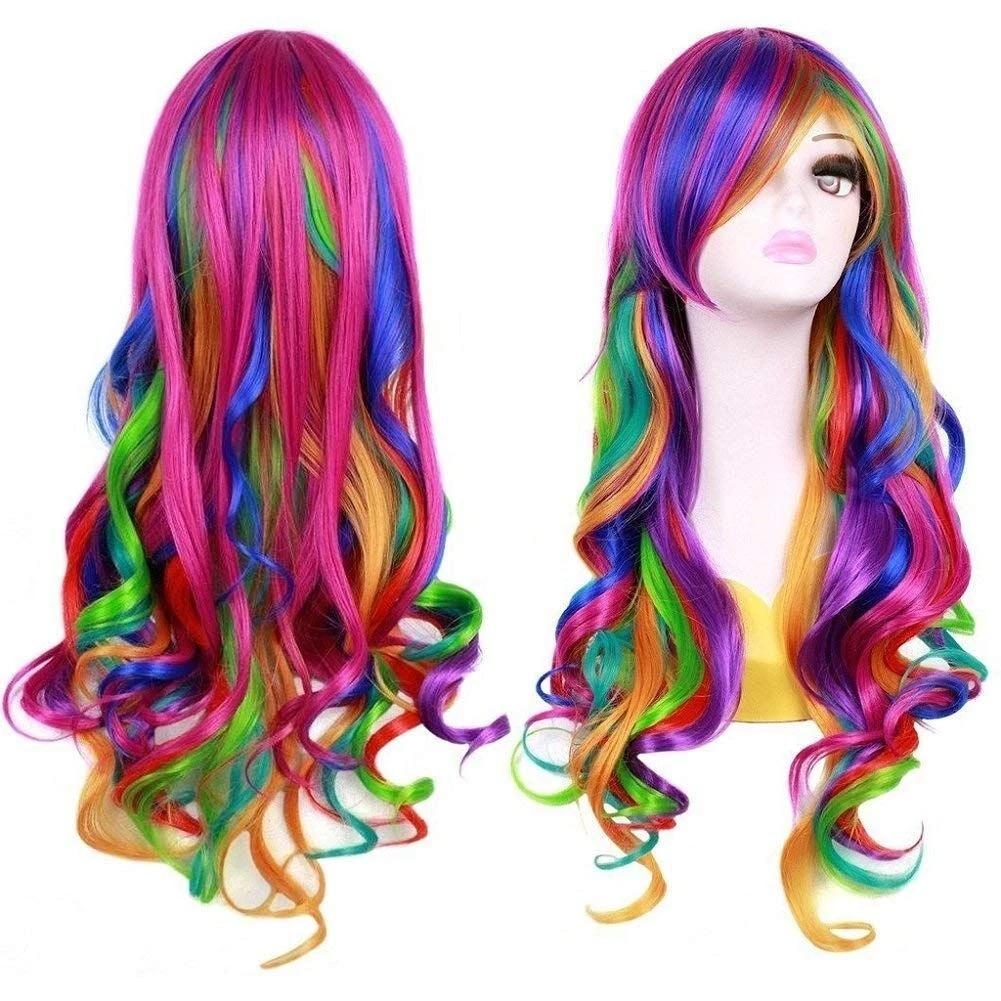 Meisjes Lange Krullende Regenboogkleur Cosplay Feestkostuum Synthetisch Haar Pruiken 26inches&1pc pink