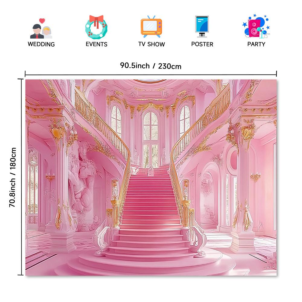1 Pezzo Castello Rosa Fiabesco Scale Balaustra Dorata Decorazione Sfondo Principessa Decorazioni Sfondo Per Studio Fotografico Stand Festa