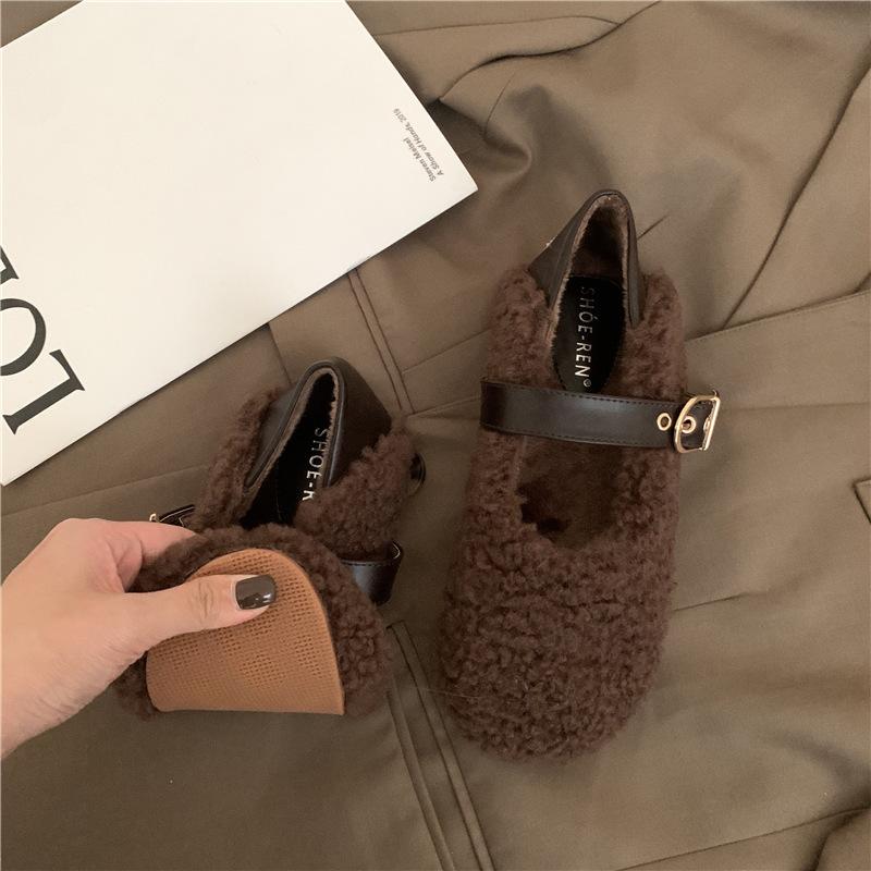 Fashion Lambswool Moccasins Femme Metal Buckle Belt Plush Flats Warm Cotton Loafers Curly Sheep Fur Mary Janes Winter Shoes Women 2025