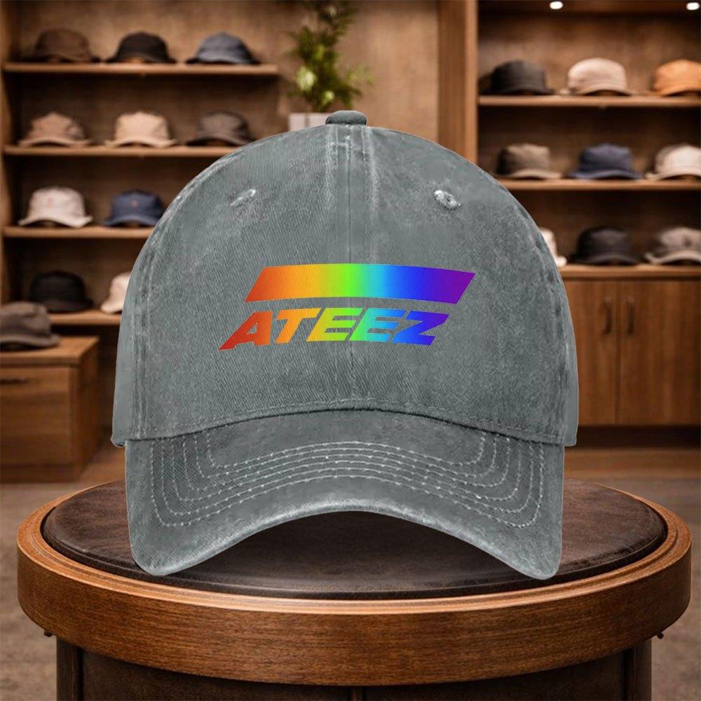 A MenS ATEEZ Rainbow Gradient Baseball Cap Adjustable And Stylish for Outdoor Use Featuring an Urban Design This Lightweight