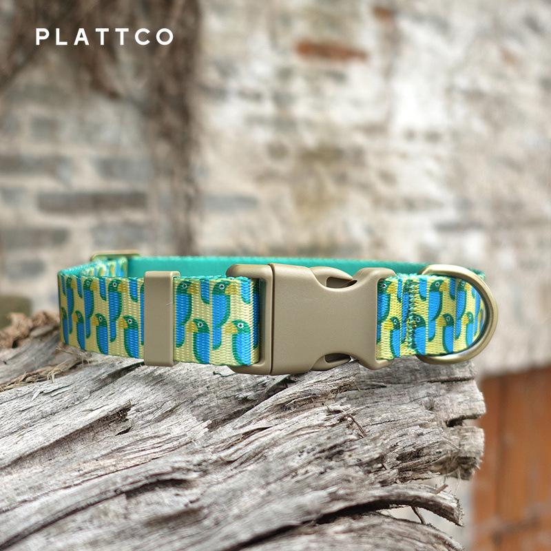 PLATTCO Green Parrot Collar with Light Brown Laser-Engravable Buckle PDC360 XL 2.5cm (56-62cm)