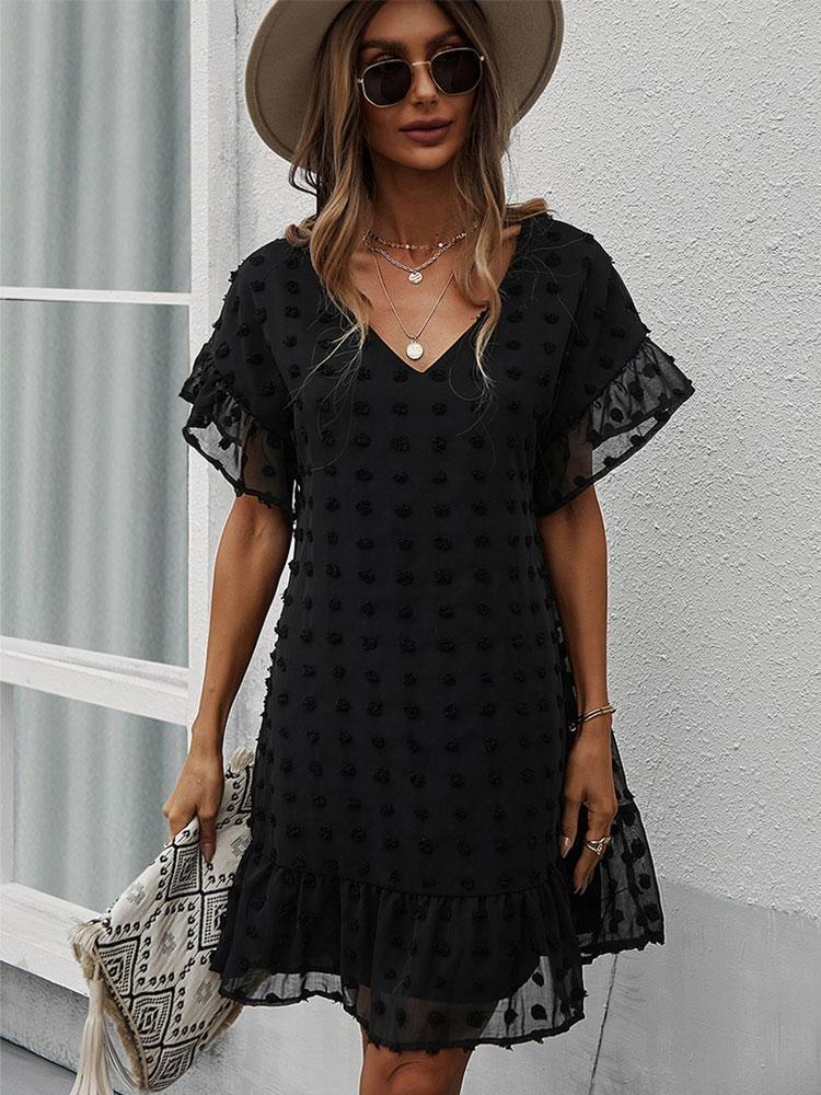Black V Neck Casual Sexy Dress for Women Solid Short Laddies Dress Hairball Summer Spring Holiday Style