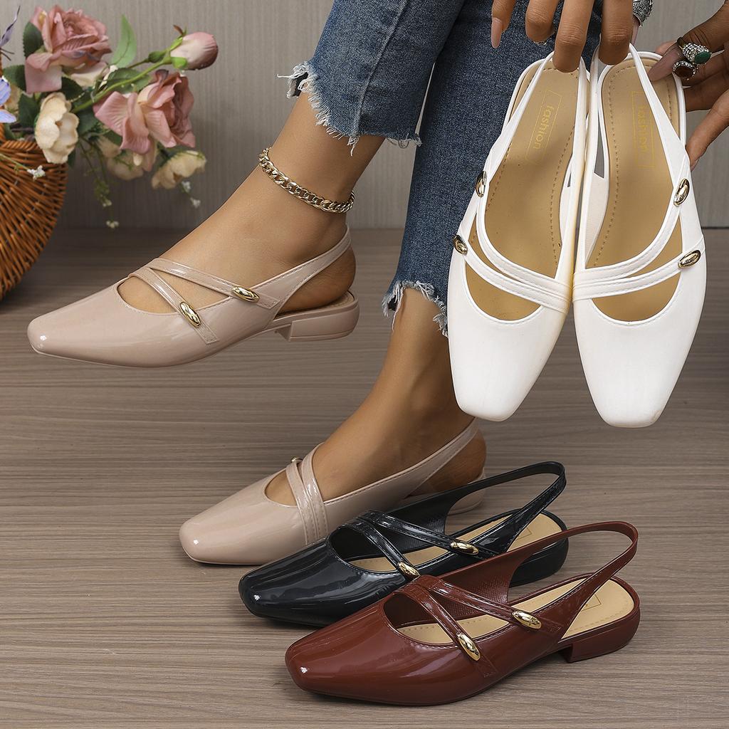 Summer Women Slingback Flats Square Toe Patent Leather Gold Buckle Low Heel Daily Office Commute Party Fashion Dress Shoes