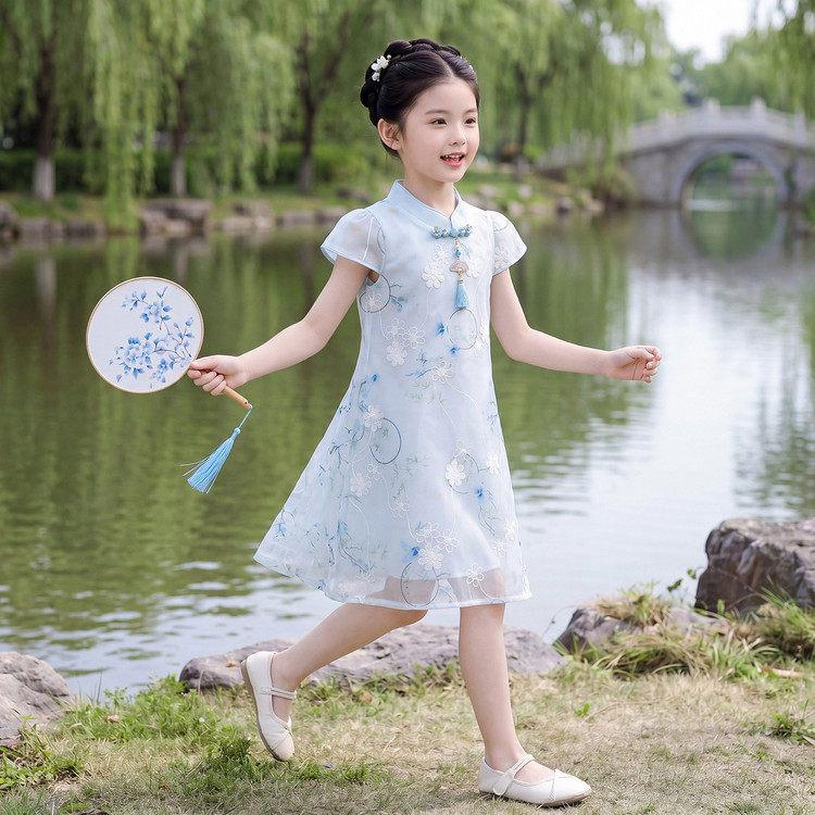 2026 Girls Chinese Style Qipao Mid-Length Summer Hanfu Dress 170cm