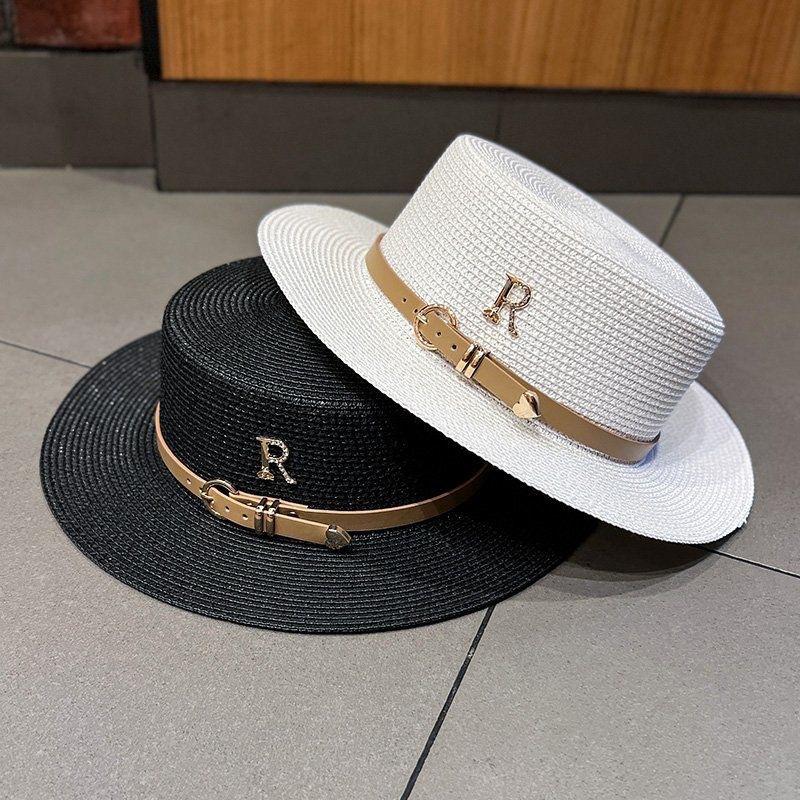 Straw Hat, Summer Vacation, Beach Hat, Rhinestone Letter R Belt, British Vintage Flat Top Sun Hat