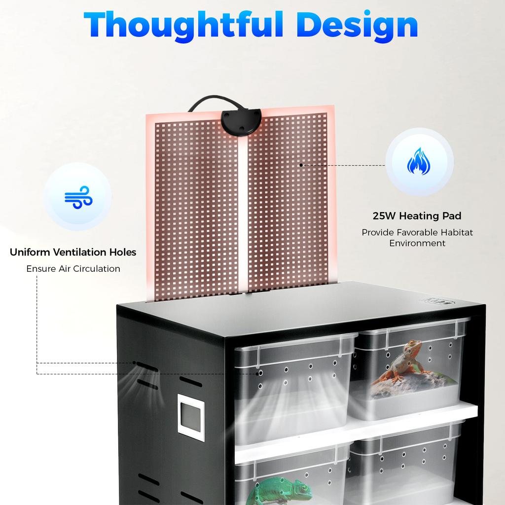 8-stöckiger Reptilienzuchtschrank mit Heizmatte, 8 transparente Boxen Habitat-Set für Eidechsen Schlangen Spinnen Skorpione