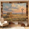 2D Flat - 2D Flat - 1pc 2D Flat Tapestry Sunset Over Rural Fields, Windmill And Hay Bales Standing Peacefully in The Golden Pasture