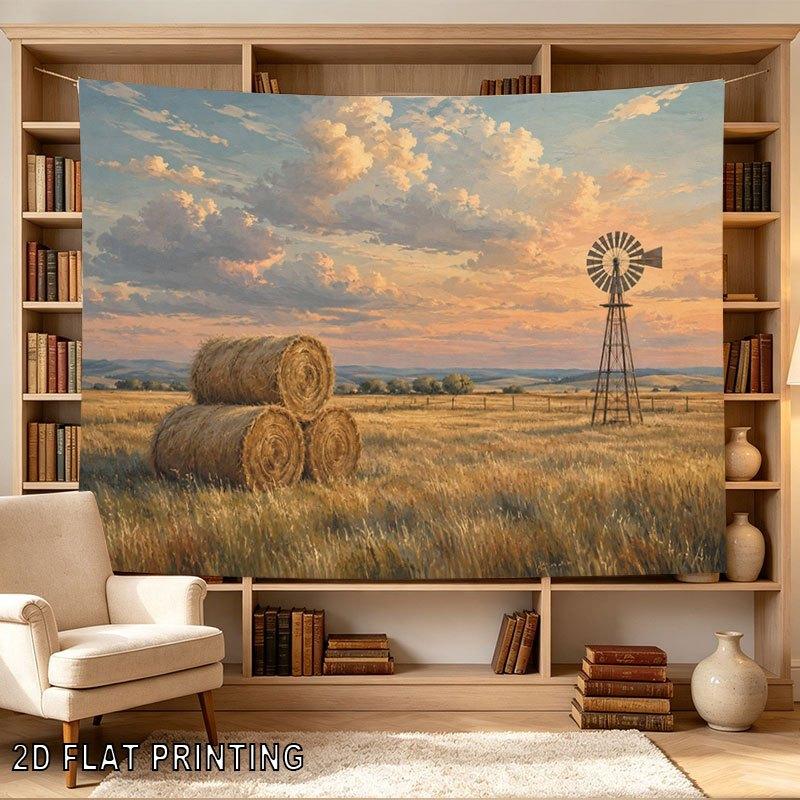 2D Flat - 2D Flat - 1pc 2D Flat Tapestry Sunset Over Rural Fields, Windmill And Hay Bales Standing Peacefully in The Golden Pasture