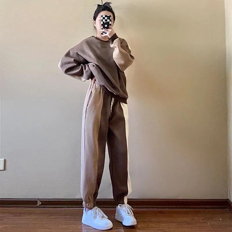 Große Größe Sport- und Freizeitanzug Damen Herbst Lockerer Anzug Fleisch gebratene Straße Langarmpullover Zweiteiliger Anzug