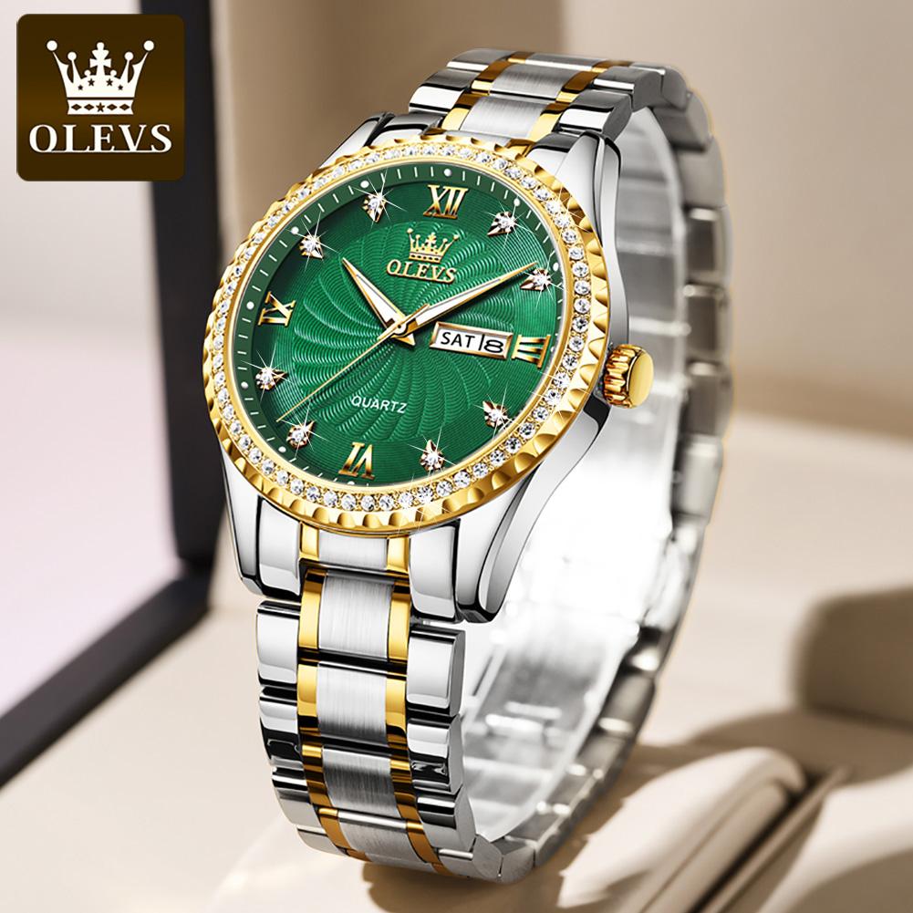 OLEVS Brand Diamond Studded Gold Watch Double Calendar Night Light Waterproof Quartz Men's Watch 5565