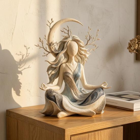 Accenti Minimalisti per Interni Statua in Resina Dea della Luna Meditazione, Statuetta Yoga Zen, Elegante Ornamento Unico in Argilla per Scrivania per la Casa