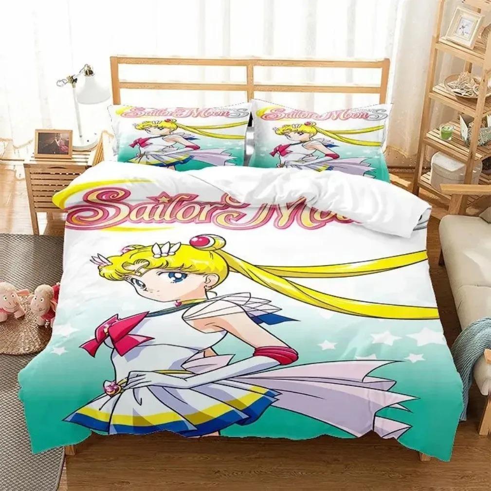Anime S-Sailor & M-Moon Bedding Set,Duvet Cover Comforter Bed Set Quilt Cover Pillowcase,King Queen Twin Size Boys Girls Adults
