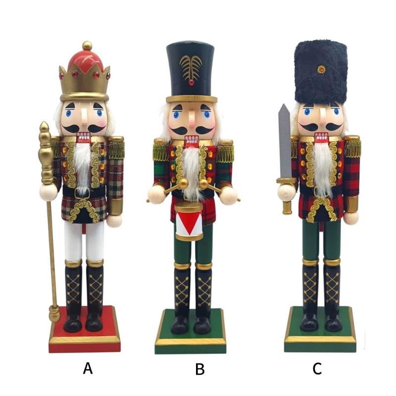 Traditional Wood Checkered Nutcrackers 38cm Figure Ornament Christmas Soldier King Puppet Figurine Holiday Decoration