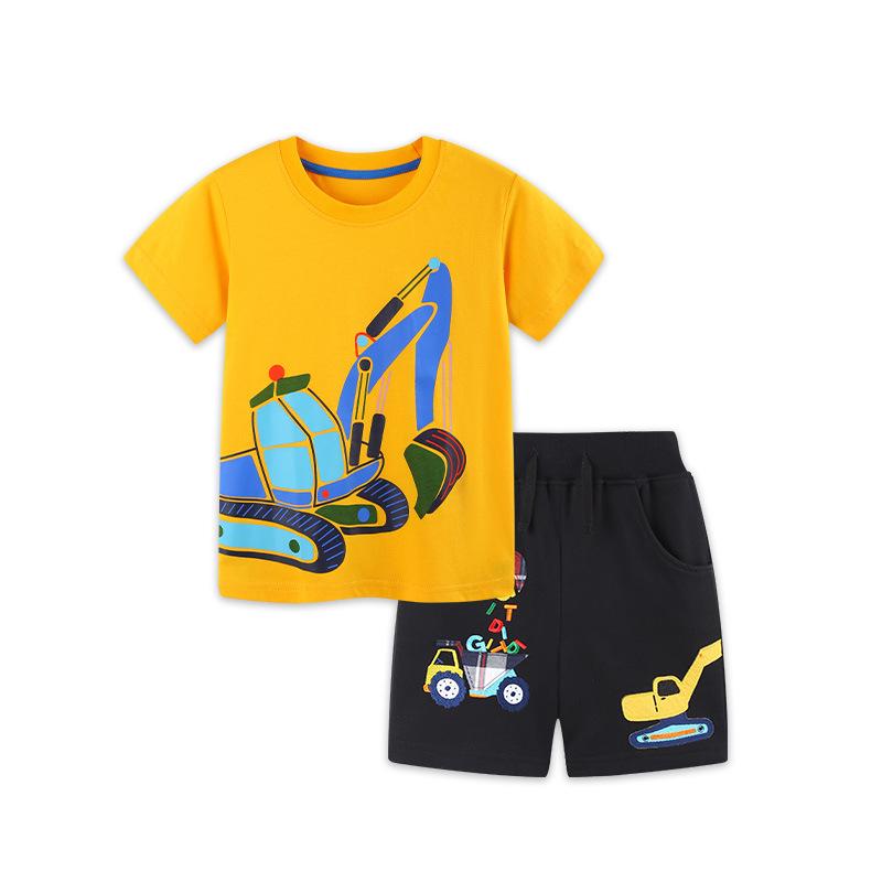 Summer  26 Boys Excavator Print Two-Piece Shorts Set - European & American Style 120cm