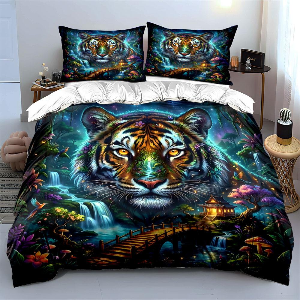 Mystical Tiger Forest Design Bedding Duvet Cover Set (1*Duvet Cover 2*Pillowcases, Without Duvet Insert)