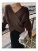 Koreanischer schicker Vintage-Strickpullover mit V-Ausschnitt und Fledermausärmeln für Damen