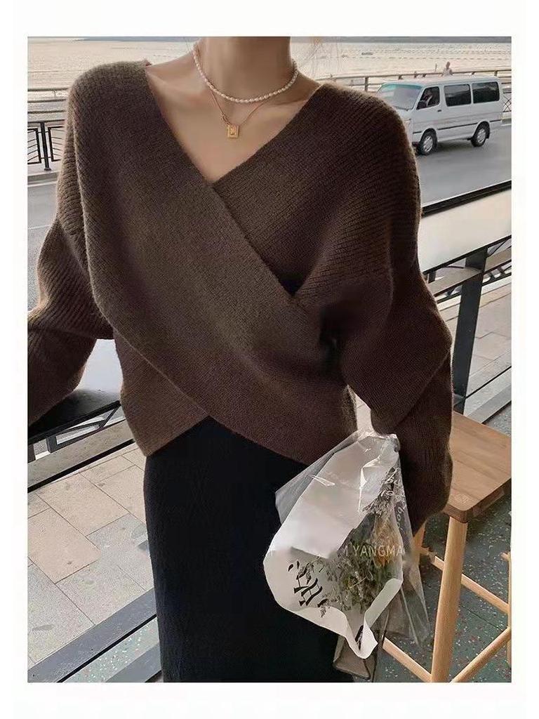 Koreanischer schicker Vintage-Strickpullover mit V-Ausschnitt und Fledermausärmeln für Damen