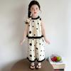Girls' summer black bow polka dot doll shirt set, stylish and stylish, two cartoon wide leg pants for little girls