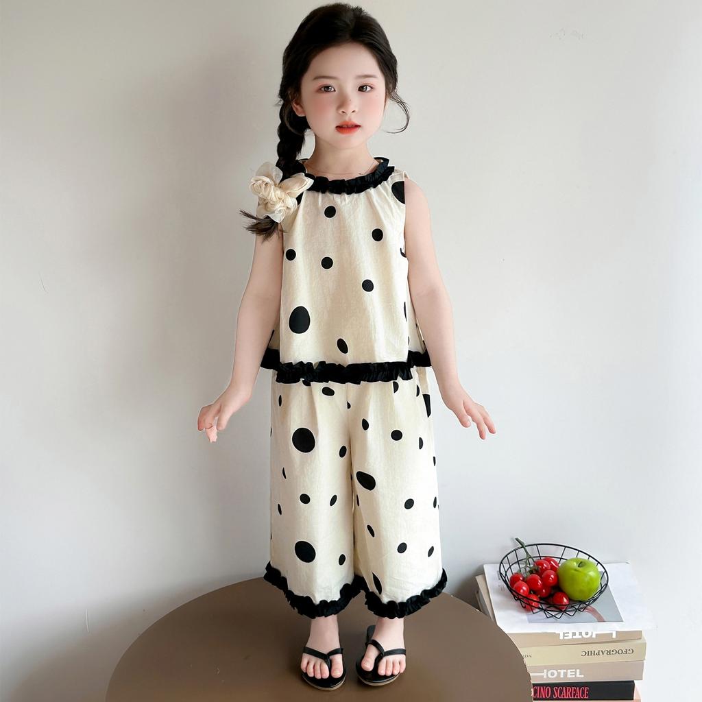 Girls' summer black bow polka dot doll shirt set, stylish and stylish, two cartoon wide leg pants for little girls