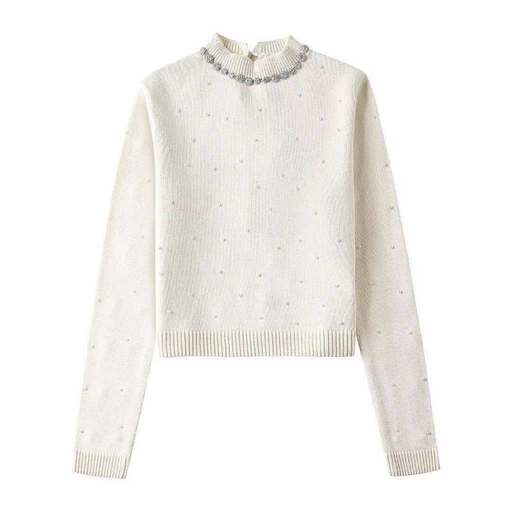 2024 Spring Women's Fashion Round Neck Sweater with Pearl Decor