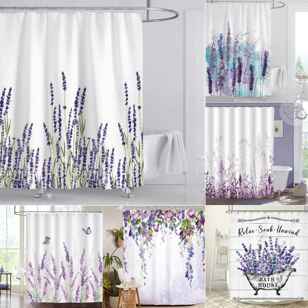 Lavendel-Duschvorhang mit Haken, wasserdicht, Polyestergewebe, lila Blumen, Pflanzen, Badezimmer, Badewannenvorhänge für Badezimmerwanne