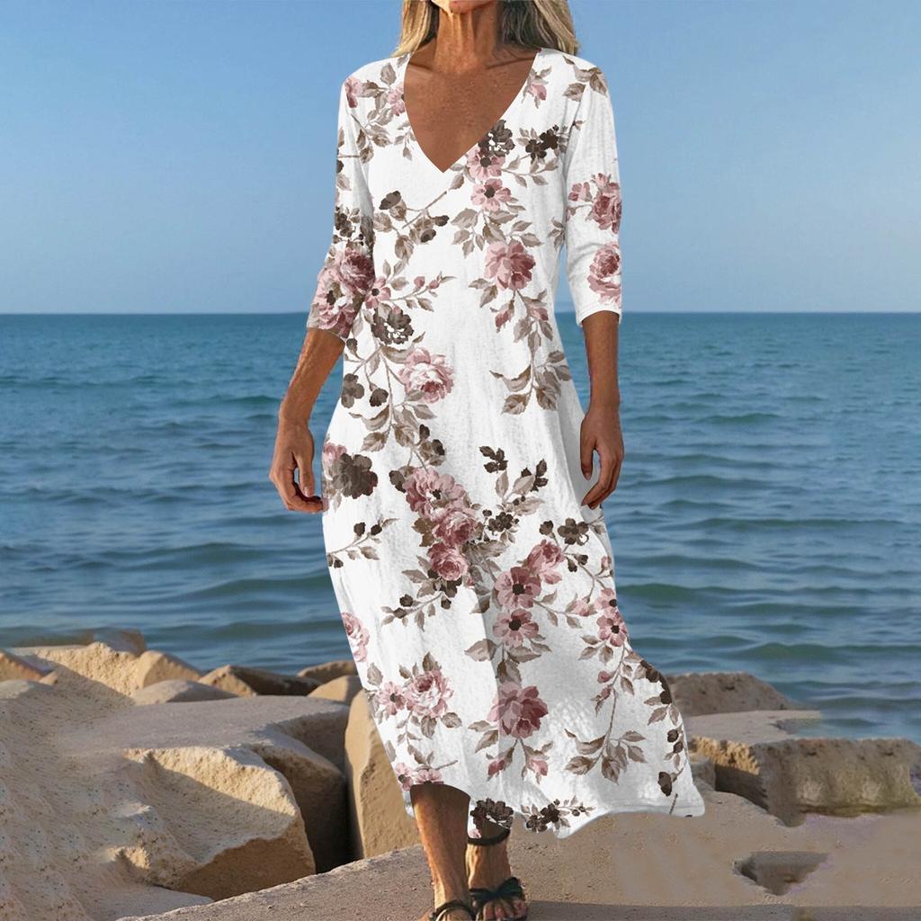 Kjoler For Damer Vintage Print Tunika Midjet Midi Kjole Sommer Hverdagslig 3/4 Ermet Kjole