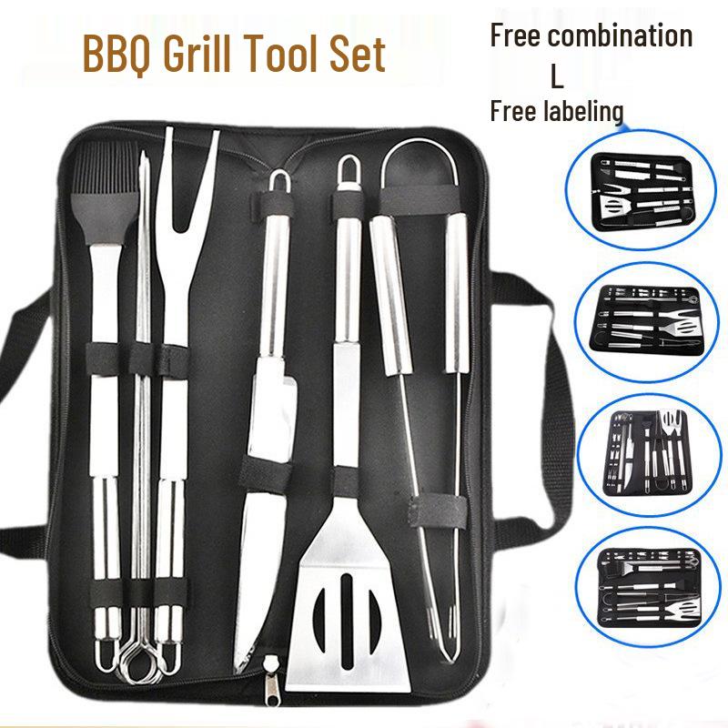 Portable Outdoor Stainless Steel BBQ Grilling Set with Fork, Spatula & Cloth Bag