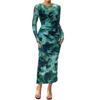 Cross-border Women's Dress, Women's Commuter Tie-dye Pleated Slim Crew Neck Long-sleeve Dress, Summer Women's High-end Temperament