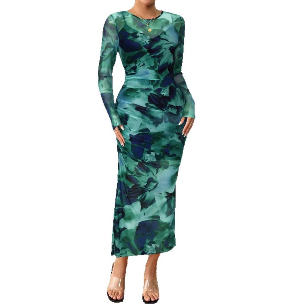 Cross-border Women's Dress, Women's Commuter Tie-dye Pleated Slim Crew Neck Long-sleeve Dress, Summer Women's High-end Temperament