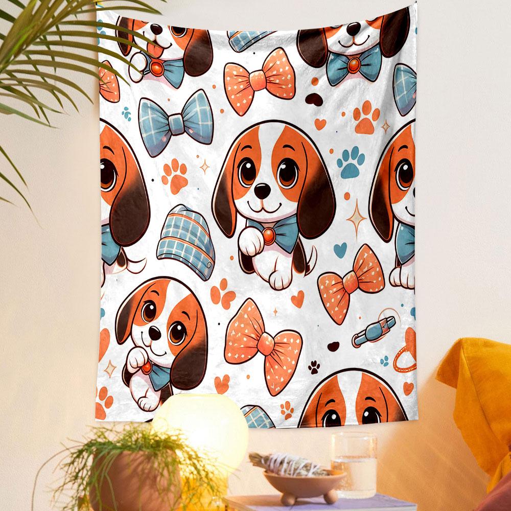 Cute Beagle Pattern with Bows & Pawprints Patterned Tapestry Decorative Wall Hanging, Home Bedroom Living Room Decor