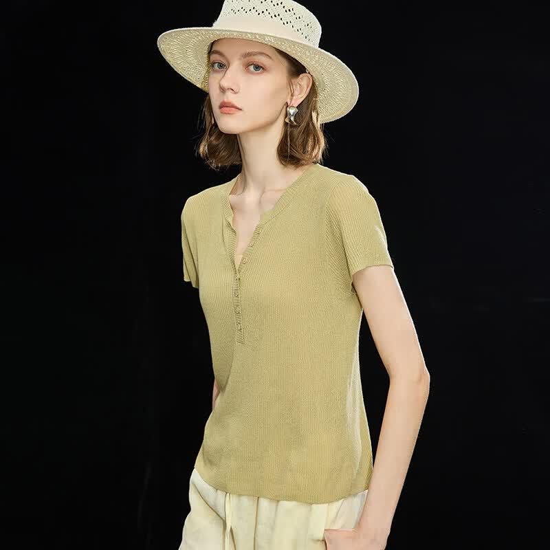 Women's Tencel Linen Blend French Half-Open Collar Knitted T-Shirt