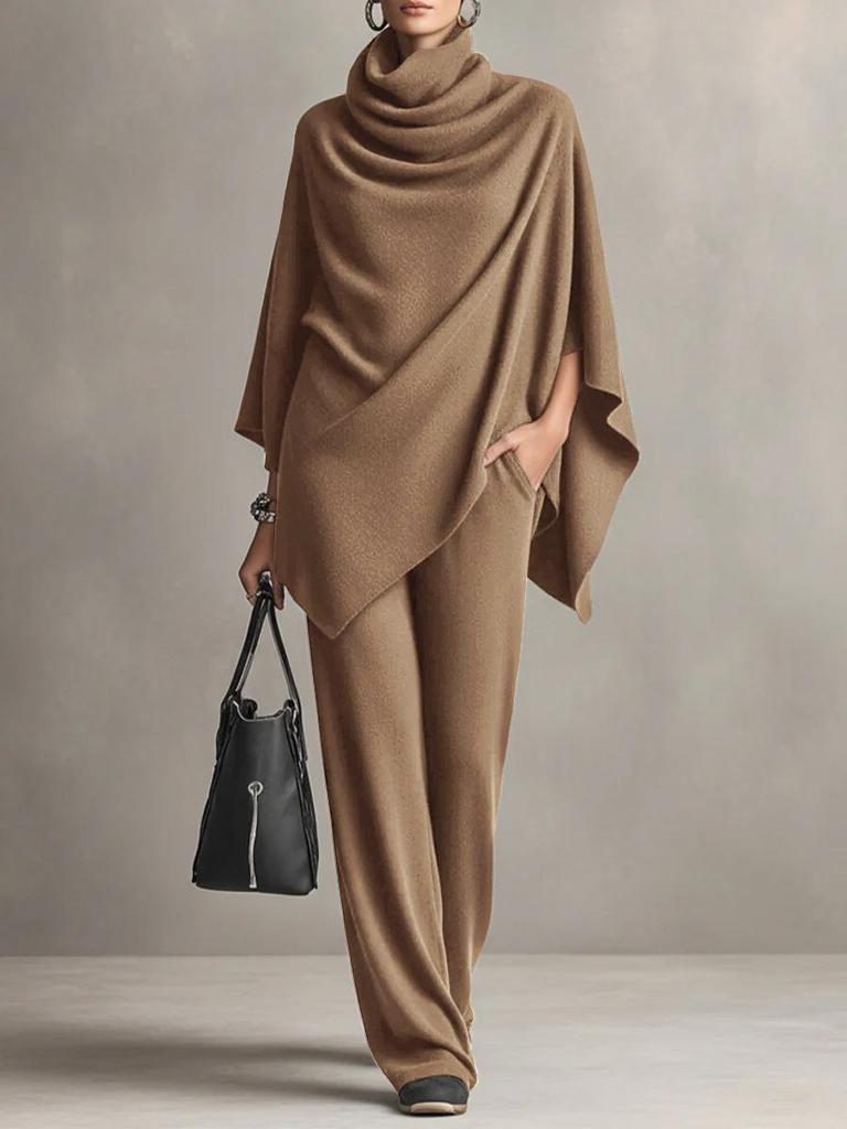 European & American Women's Fall/Winter Fleece Stand-up Collar Cape and Wide-leg Pants Set