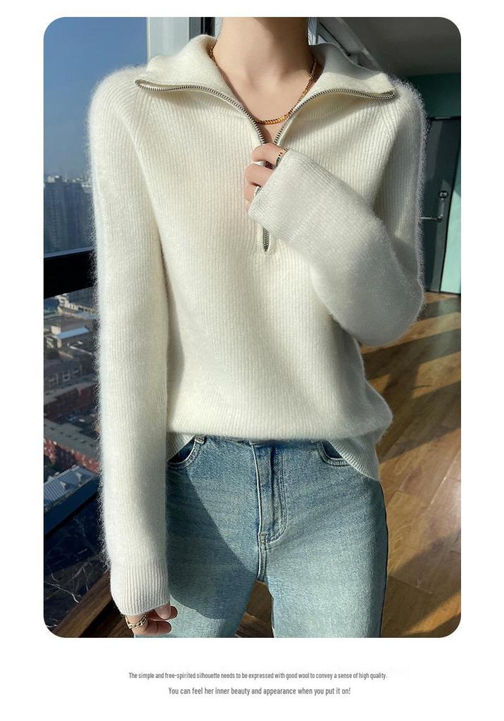 Women's 100% Pure Wool Lapel Pullover - Autumn/Winter 2024 Collection, Loose Fit, Half-High Neck, Versatile, Slimming Knit Sweater.