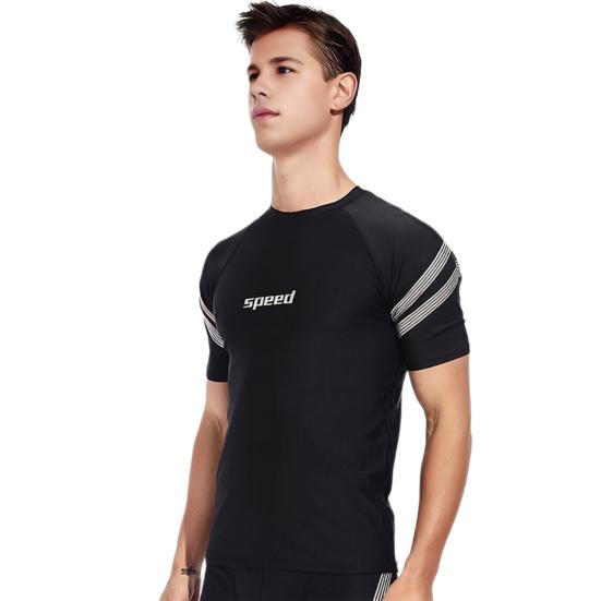 

Мужские шорты для плавания, водные виды спорта, топ с круглым вырезом и коротким рукавом, приталенные, эластичные, дышащие, быстросохнущие, в полоску до колена L чёрный