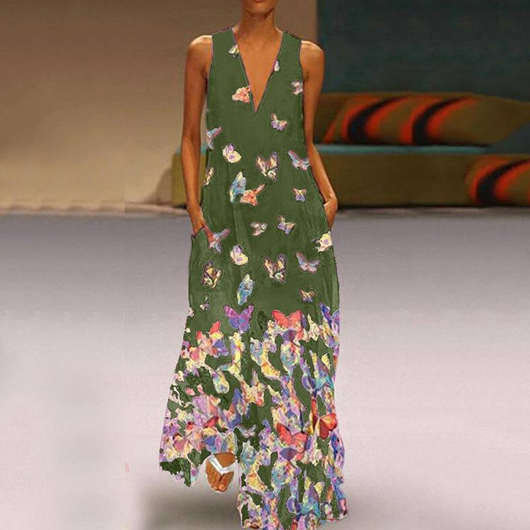 Summer Butterfly Print Bohemian Beach Dress V-Neck Sleeveless Long Dress Large Size Women's Clothing