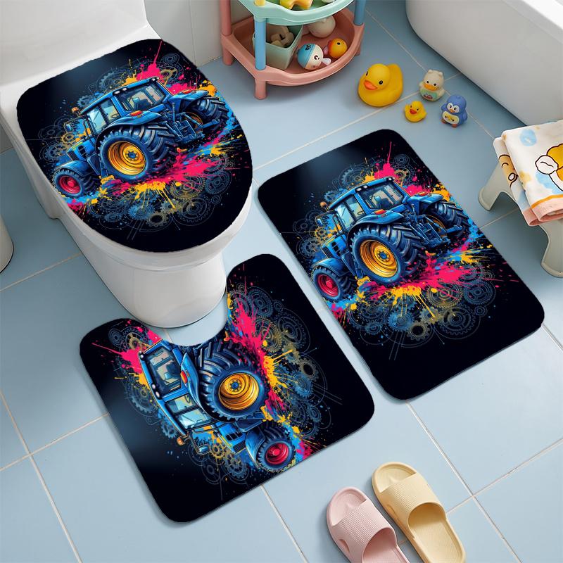Tractor (5) Flannel Toilet 3 Piece Set Soft Bathroom Toilet Seat Cover Non-Slip Bath Rug Home Bathroom Decor