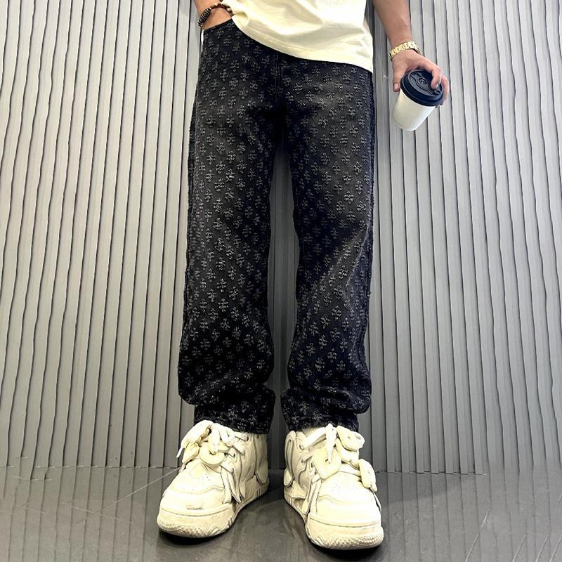 High-Street Trendy Cross Jacquard Print Loose Wide-Leg Jeans