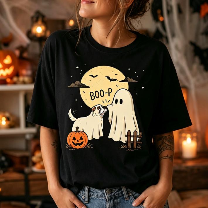 Funny Boo P Ghost Dog Halloween Tshirt Spooky Moon Pumpkin Puppy Print Casual Short Sleeve Tee Unisex Unisex Halloween Tops
